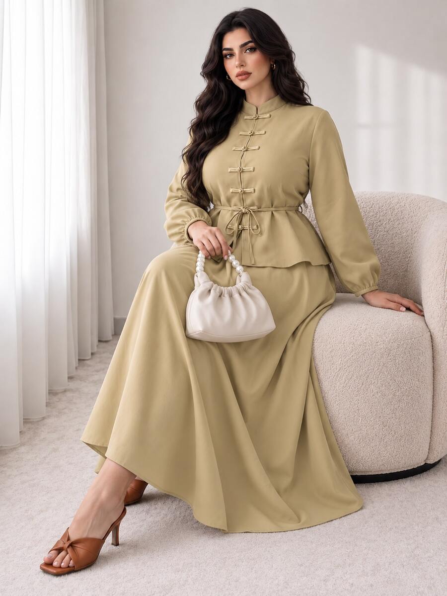 Solavon Plus Size Elegant Frog Button Long Sleeve Top And Long Skirt 2 Pieces Set - Khaki - View 1