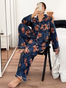 Napfluff CURVE Napfluff CURVE Plus Size Lapel Cardigan Plaid Teddy Bear Print Long Sleeve Long Pants Pajama Set - Multicolor - View 1