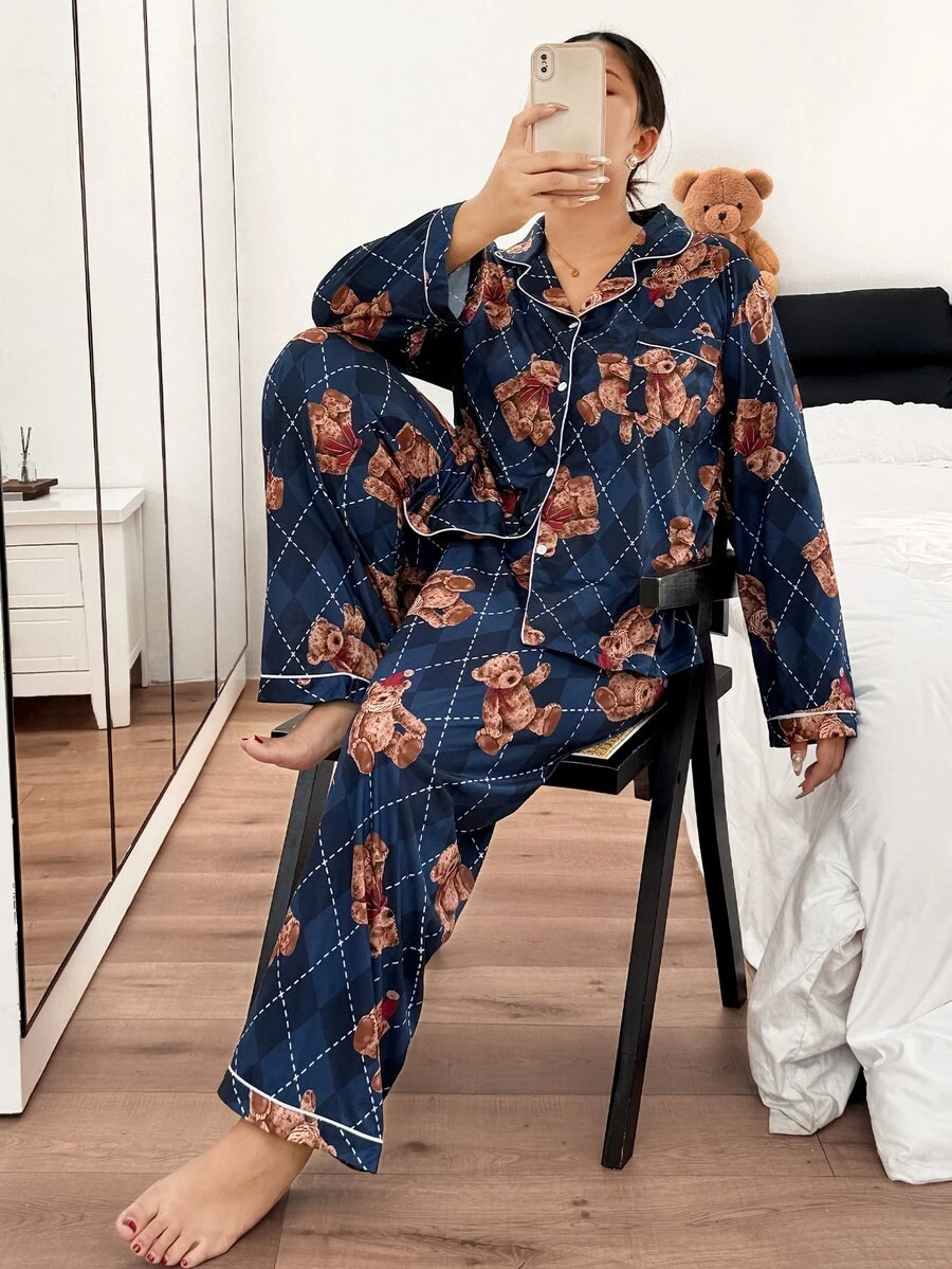 Napfluff CURVE Napfluff CURVE Plus Size Lapel Cardigan Plaid Teddy Bear Print Long Sleeve Long Pants Pajama Set - Multicolor - View 1