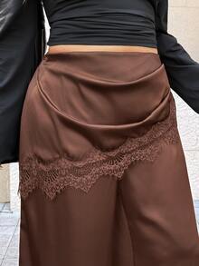 Easura Brown Satin Elastic Waist Design Plus Size Women's Contrast Lace Elegant Long Pants Fall - Brown - View 5