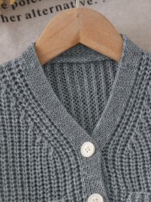 SHEIN 1件女嬰V領針織開襟外套，淺米色，秋季，可愛，親子款，對稱口袋，荷葉邊下擺，羅紋袖口，柔軟針織 - 深灰色 - 查看 6