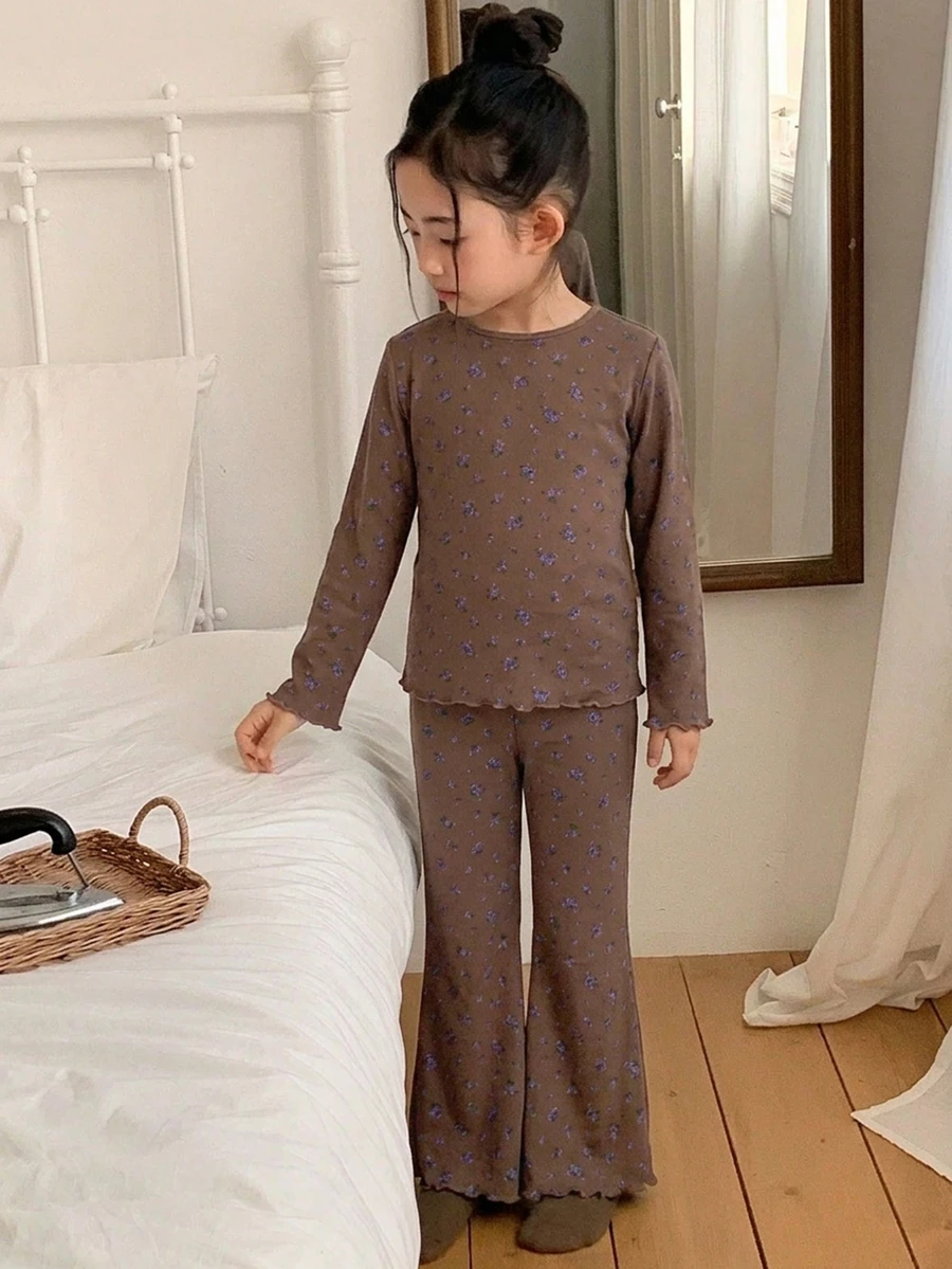 Dazy Kids 少女提花上衣與喇叭褲家居服套裝 秋季 - 棕色 - 查看 1
