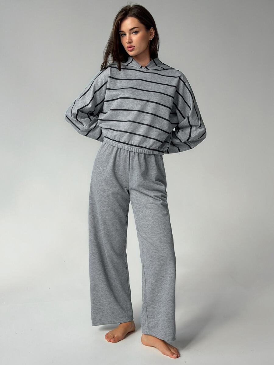 DAZY Women's Striped Long Sleeve Hooded Top And Pants Casual Pajama Set - Grey - View 1