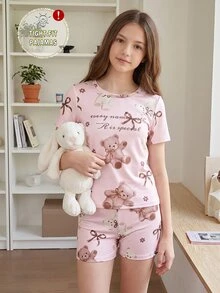Tween女孩熊蝴蝶結英文單字印花短袖短褲套裝 貼身居家服 - 藕粉色 - 查看 10