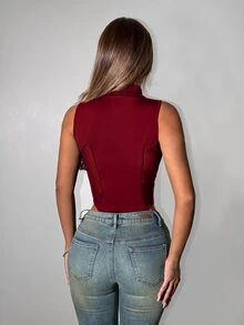 SHEIN ICON Y2K 女款萬聖節黑色性感時尚拉鍊網紗拼接連身衣 - 酒紅色 - 查看 6