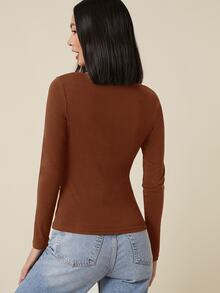 SHEIN BASICS 女款休閒純色方領修身短袖上衣，黑色夏季上衣 - 鏽棕色 - 查看 2