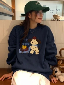 DAZY 女款圓領卡通長袖衛衣，甜美風格秋季抓絨內裡 - 藍色 - 查看 8