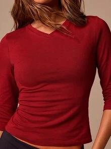 Athîral 女款純色V領七分袖休閒修身T恤 - 紅色 - 查看 5