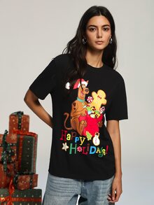 SCOOBY-DOO X SHEIN Men's Round Neck Short Sleeve Casual T-Shirt For Christmas - Black - View 3