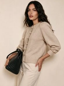 Linhara CURVE Plus Size Comfortable Frog Button Long Sleeve Knit Cardigan, Autumn/Winter - Apricot - View 7