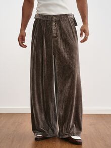 TOKVUE Men's Button Design Pleated Wide Leg Loose Casual Pants - Coffee Brown - View 3