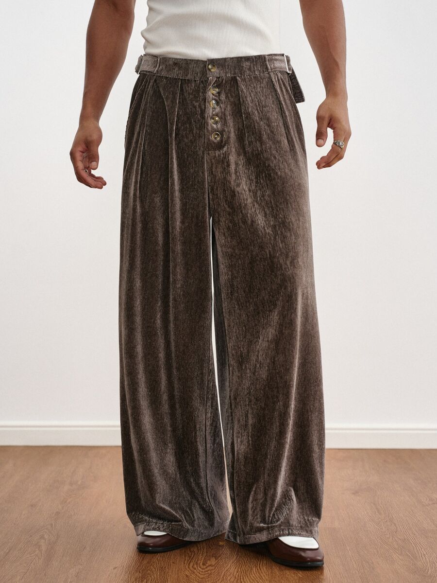 TOKVUE Men's Button Design Pleated Wide Leg Loose Casual Pants - Coffee Brown - View 1