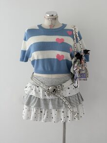 Sunspun Plus Size Women's Heart Pattern Short Sleeve Knit Top, Suitable For Spring, Summer, Autumn, Winter. Perfect For Back To School, Daily Wear Or Graduation Ceremony Occasions. Suitable For Valentine's Day, Halloween, Christmas Outfits, Blue And White Striped Heart Peach Design, Y2k Series - Blue and White - View 1