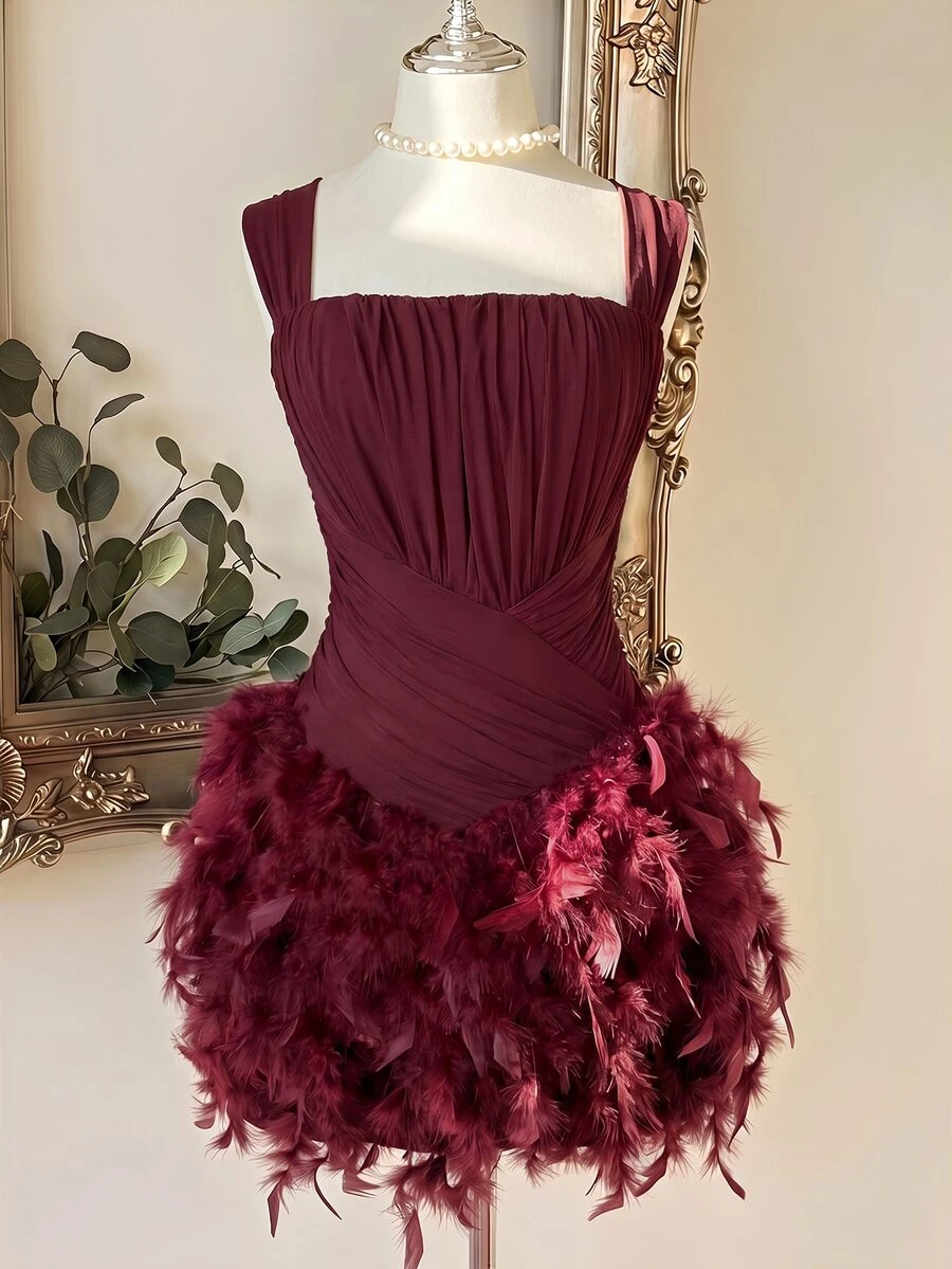 Lovelzi Burgundy Sequin Embroidered Mesh Patchwork Feather Decor Wide Shoulder Strap Spaghetti Ruched Bodycon Short Dress New Year Christmas Party Fall - Burgundy - View 1