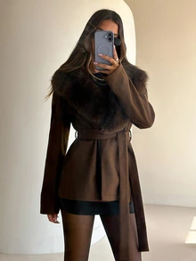 Aloruh Brown Overcoat With Faux Fur Patchwork, Belted Waist, Slimming Autumn/Winter New Style Fall Clothing Autumn Clothes Brown Overcoat Halloween - Mocha Brown - View 7