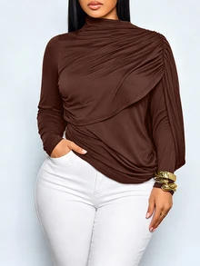 SOLERSUN Plus Size Women's Asymmetric Pleated Long Sleeve T-Shirt, Dropped Shoulder Slim Fit Top, Elegant Unique Basic T-Shirt Fall - Coffee Brown - View 8