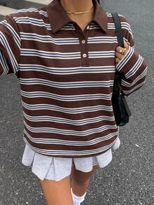 Muchica 95%棉全印花學院風條紋對比色 Polo 領女款 T 恤，適合秋冬穿著 - 彩色 - 查看 3