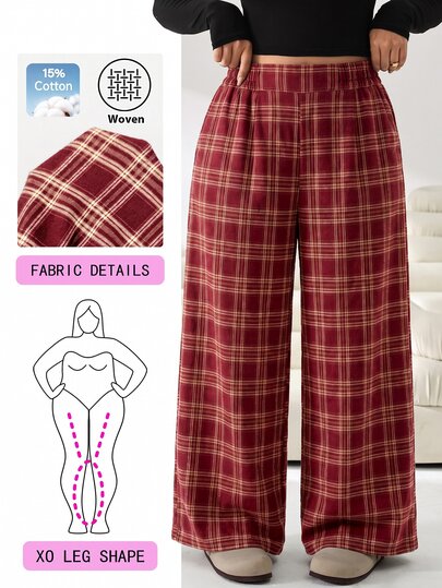 Solflare Plus Size Women's High Waist Plaid Wide Leg Loose Casual Nice 90s Elegant Long Pants Autumn Brunch Formal School College Office Black And White