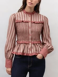 Nöista 女款條紋百褶休閒日常穿著襯衫 - 藕粉色 - 查看 2