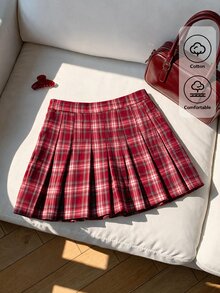 Comfortcana 大尺碼女款格紋休閒百搭日常穿著裙 - 紅色 - 查看 4