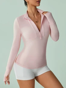 SHEIN Sovereign Charm 女款純色半拉鍊長袖運動運動衫 - 粉色 - 查看 5