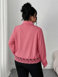Elenzga 大尺碼女款蕾絲拼接長袖上衣，極簡優雅商務休閒純色秋季早午餐正式粉色 - 藕粉色 - 查看 2