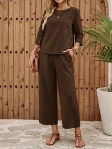 EMERY ROSE Women's Vacation Casual Solid Color Shirt And Pants 2 Pieces Set Vacation White Autumn - Brown - View 7