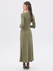 KÆRIA Hus Ruched Column Maxi Dress - Sculpted Textured Jersey - Dusted Olive - Going Out, Bodycon, Minimalist - Olive Green - View 3