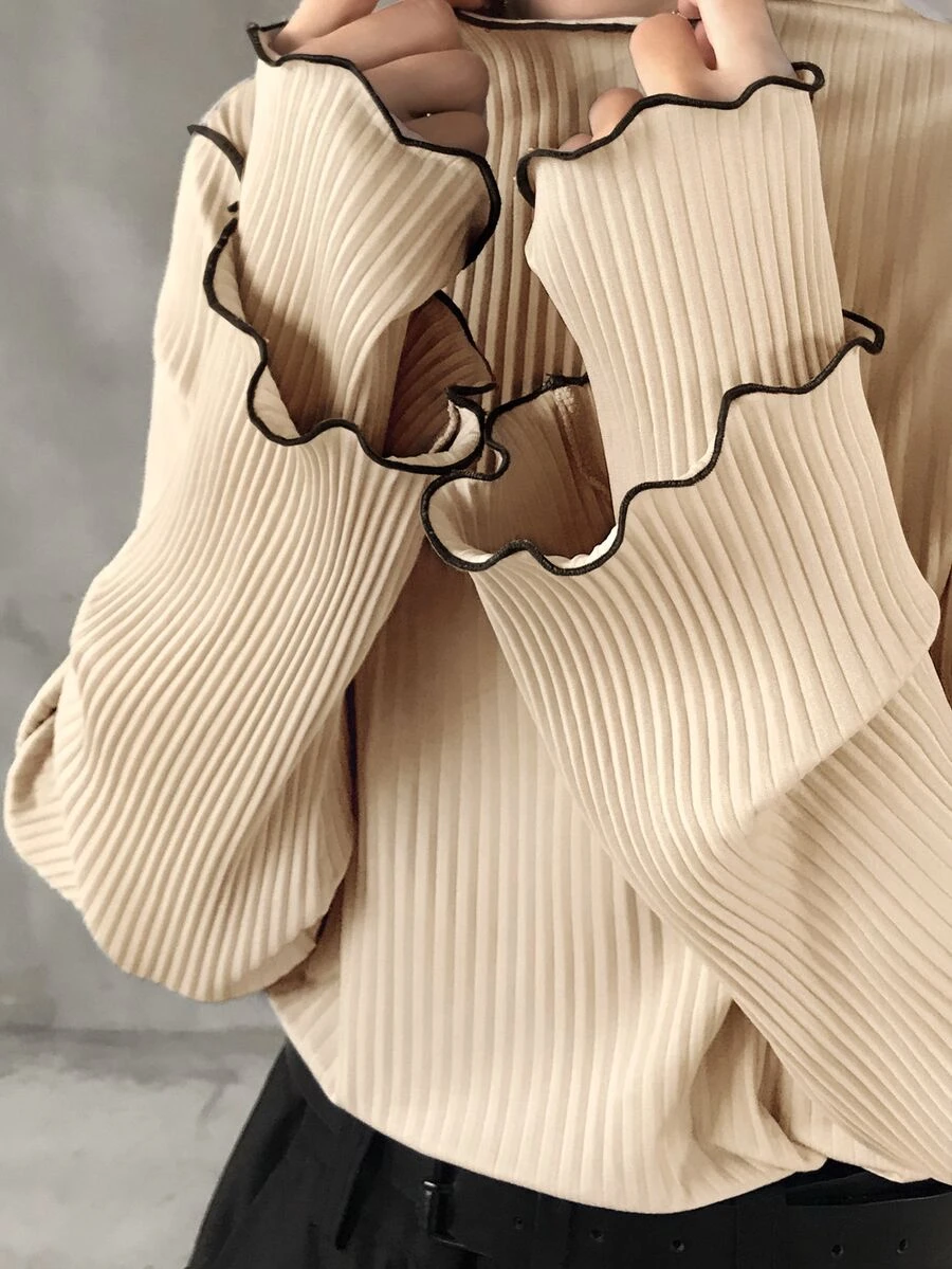 FRIFUL Women's Colorblock Mock Neck Long Sleeve Ribbed Texture Fabric Sleeve 2 In 1 Design Colorblock Trim Contrast Stitching Loose Casual Versatile T-Shirt Autumn/Winter - Apricot - View 1