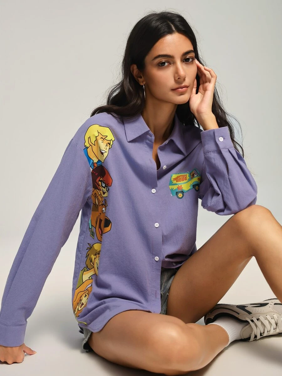 SCOOBY-DOO X SHEIN Women's Cartoon Print Casual Daily Wear Shirt - Mauve Purple - View 1