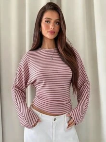 Aloruh Áo thun dài tay kẻ sọc thường ngày phong cách casual cho nữ - Hồng - Xem 1