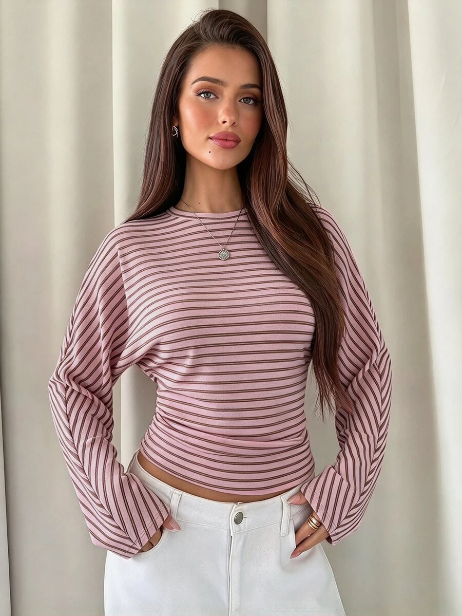 Aloruh Áo thun dài tay kẻ sọc thường ngày phong cách casual cho nữ - Hồng - Xem 1