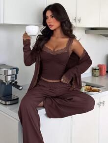 ZzzCrew Ribbed & Lace Trim Camisole Top + Long Pants + Cardigan Pajama Set - Brown - View 1