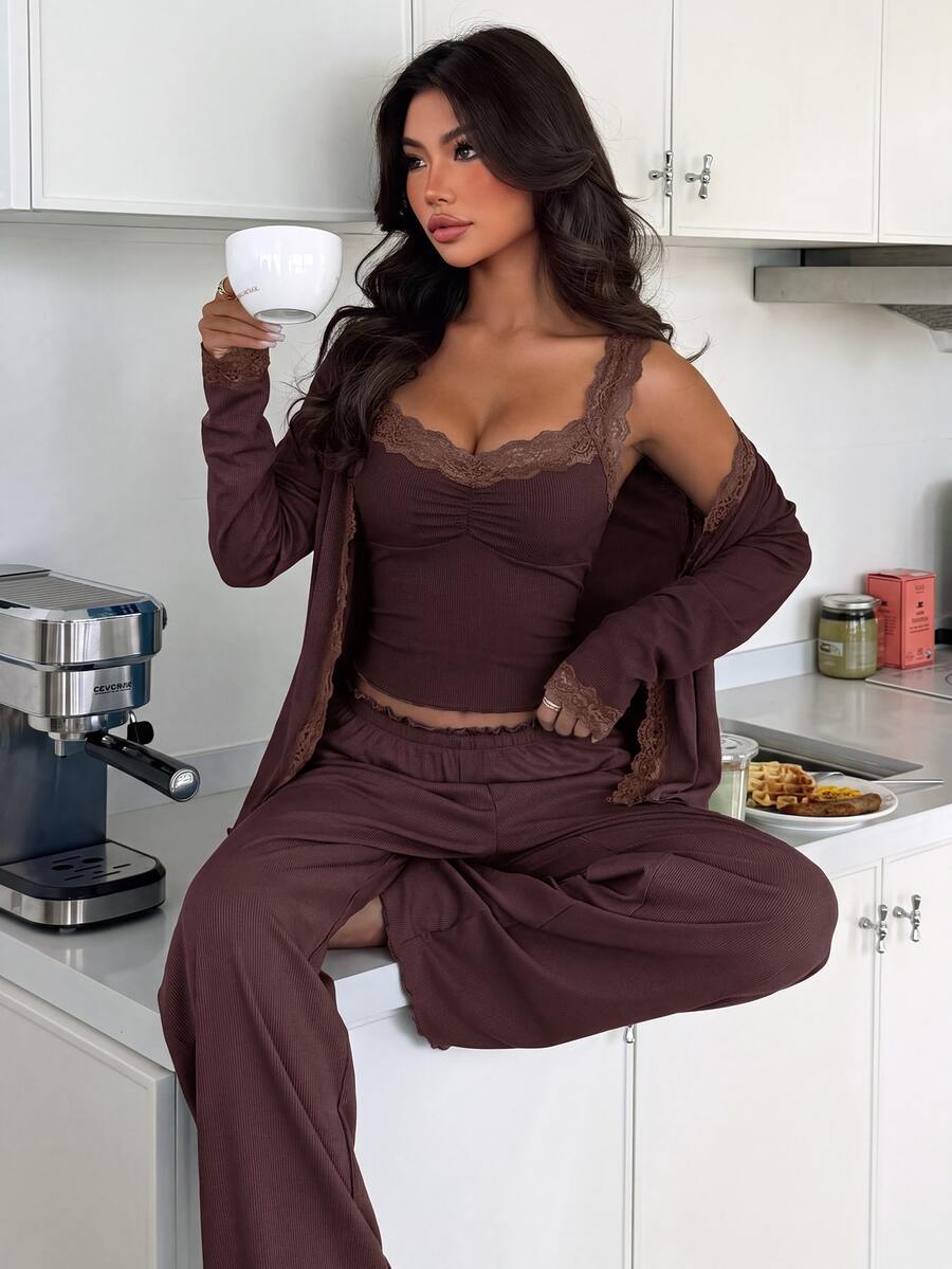 ZzzCrew Ribbed & Lace Trim Camisole Top + Long Pants + Cardigan Pajama Set - Brown - View 1