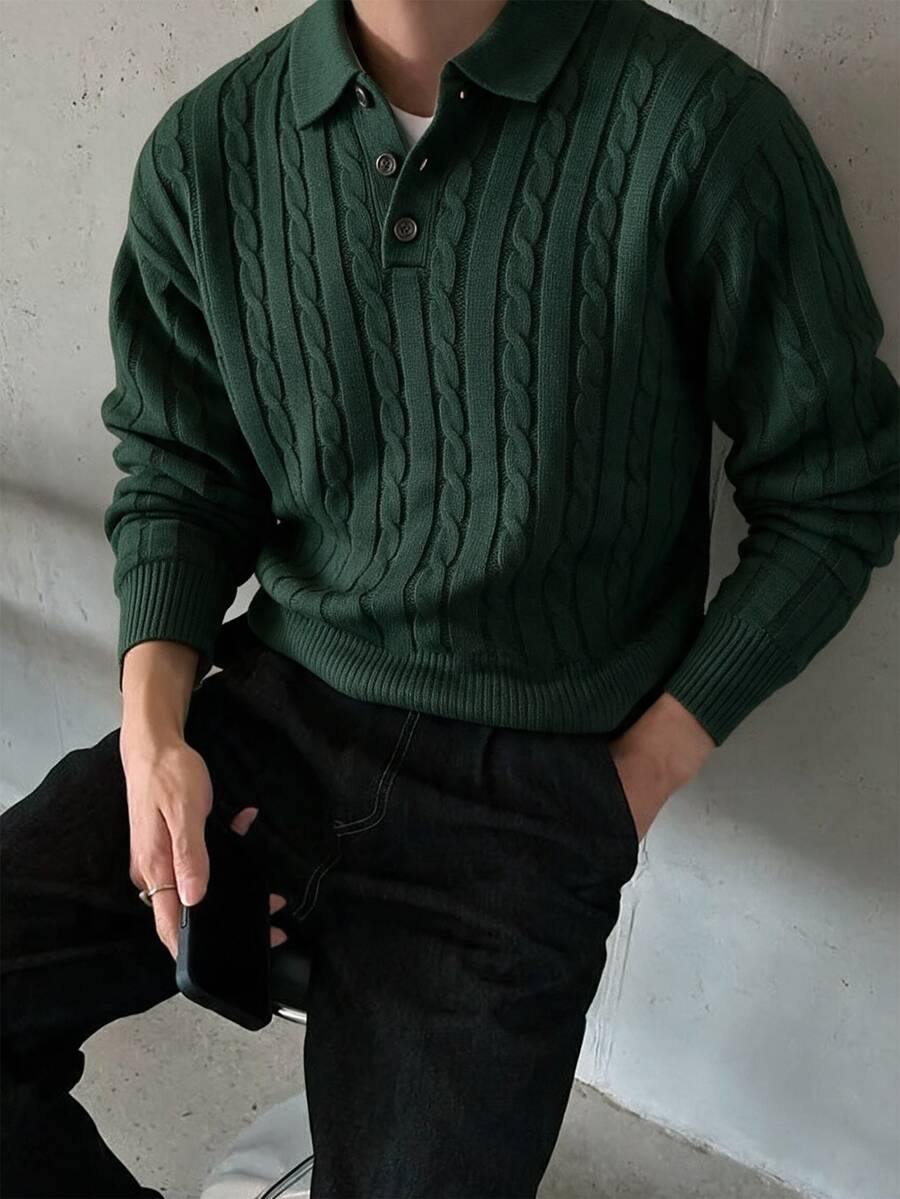 Claim Dot 男士純色粗繩編織 Polo 領休閒長袖套頭毛衣,秋冬款 - 墨綠色 - 查看 1
