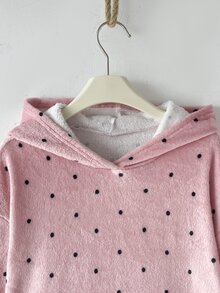 SHEIN Tween Girl 秋/冬款 灰粉色波點印花 珊瑚絨毛 舒適連帽套頭長款睡袍 居家休閒睡衣 - 藕粉色 - 查看 6