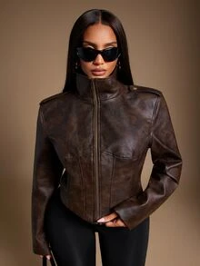 Radiana Plus Size Women's PU Leather Jacket, All-Match Versatile, Daily Casual, Streetwear, Shopping, Gathering, Vacation, Date, Birthday Winter - Coffee Brown - View 6