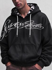 NobleFwd Men's Loose Zip-Up Hoodie, Los Angeles Script Print Jacket, Leopard Print Lining Casual Streetwear Sweatshirt Men's Zip-Up Hoodie - Multicolor - View 5