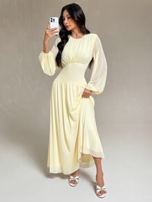 SHEIN PETITE Elegant Pale Yellow Mesh Dress For Petite Women-Perfect For Romantic Dates And Parties. - Light Yellow - View 5