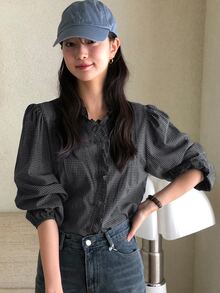 DAZY 女款格紋修身V領長袖花瓣袖抓皺荷葉邊休閒度假風春夏/秋季襯衫 - 黑色 - 查看 3