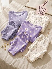 Baby Girl Casual Minimalist Slim Fit Round Neck Long Sleeve Long Pants Loungewear Multi-Piece Set Suitable For Autumn/Winter Snug Fit Set Pcs - Multicolor - View 1