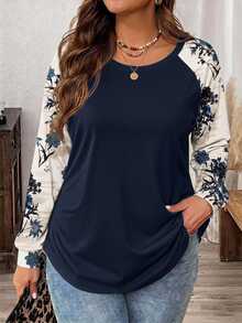 SHEIN LUNE تي شيرت فضفاض برقبة دائرية وأكمام راجلان كاجوال للنساء بمقاسات كبيرة، مناسب للربيع/الخريف - متعدد الألوان - مشاهدة 1