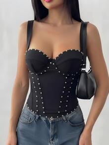 INAWLY Black Wide Strap Fitted Latin Fishbone Waist-Cinching Underwire Back Tie Top - Black - View 2