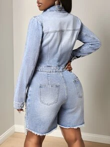 Slaydiva Women's Distressed Design Casual Everyday Denim Romper - Blue - View 2