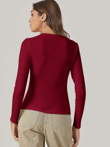 SHEIN BASICS 女款經典酒紅色長袖襯衫，柔軟透氣圓領百搭上衣，適合日常、夜生活、秋季休閒穿搭 - 酒紅色 - 查看 2