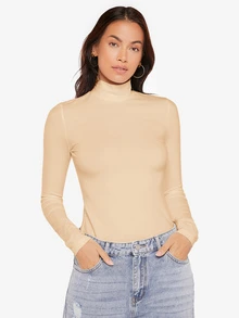 SHEIN BASICS 女款白色素色長袖高領羅紋針織修身T恤上衣，辦公室秋季基礎休閒款 - 卡其色 - 查看 4