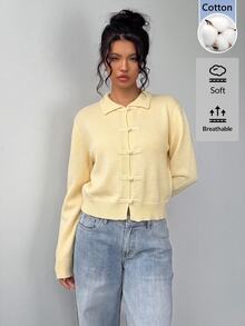 SHEIN BASICS Plus Size Women's Solid Color Long Sleeve Button-Front Knit Cardigan, Autumn/Winter - Yellow - View 3