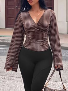 Slaydiva تي شيرت نسائي جديد للخريف بمقاسات كبيرة، كاجوال بتصميم بسيط بنقشة مخططة، مناسب لجميع الفصول - متعدد الألوان - مشاهدة 3