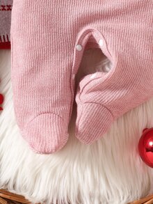 SHEIN 2件裝新生兒女嬰男嬰連腳連身衣 可愛甜美紅色聖誕刺繡 羅紋長袖圓領 冬季節日連身衣 首個聖誕節 - 粉色 - 查看 7