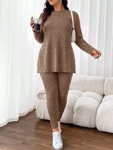 SHEIN Frenchy 大尺碼針織居家底層休閒舒適女款2件套瑜伽運動服 自發熱衣 日常外出穿搭套裝 - 棕色 - 查看 4